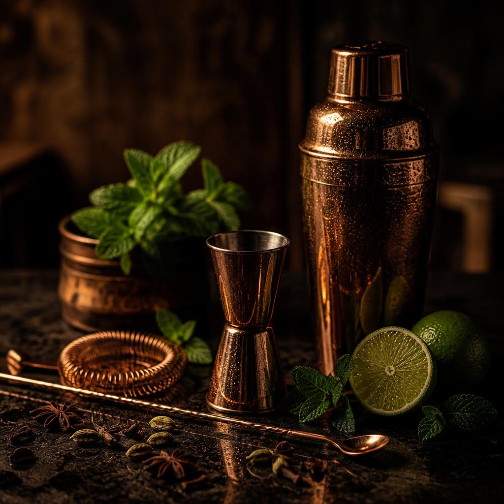 Copper bar tools with lime, mint and whole spices