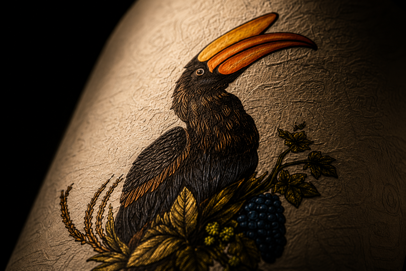 Great Hornbill illustration embossed on the cotton paper label