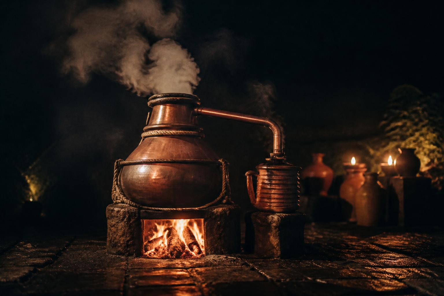 Traditional clay pot still over an open fire