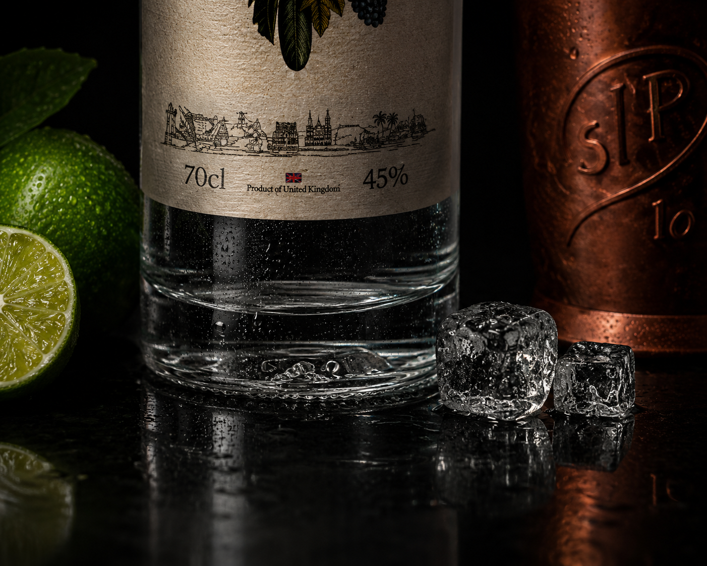 Bottle base with fresh lime, ice and a copper cup