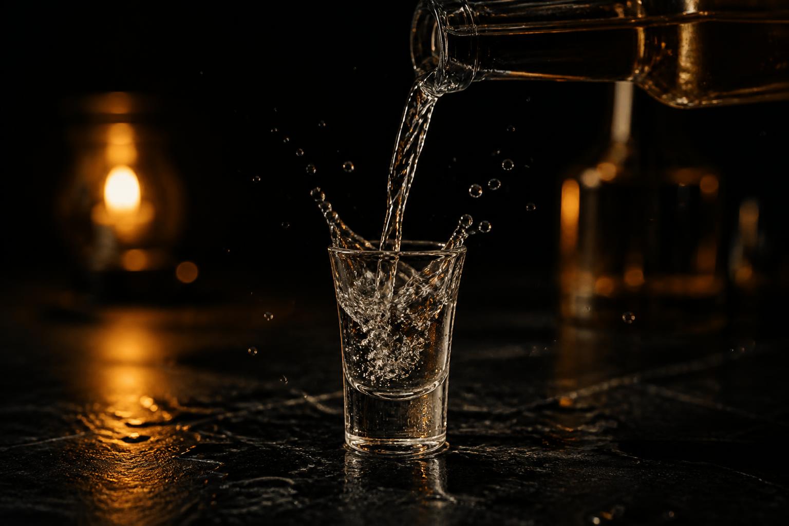 Clear spirit poured into a chilled shot glass
