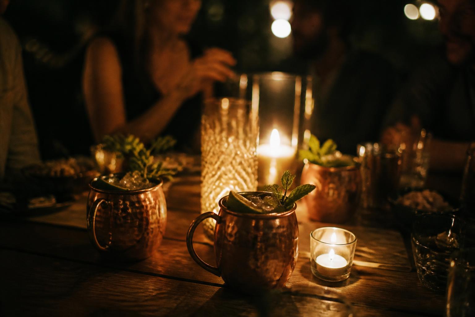 Candlelit table of copper mug serves