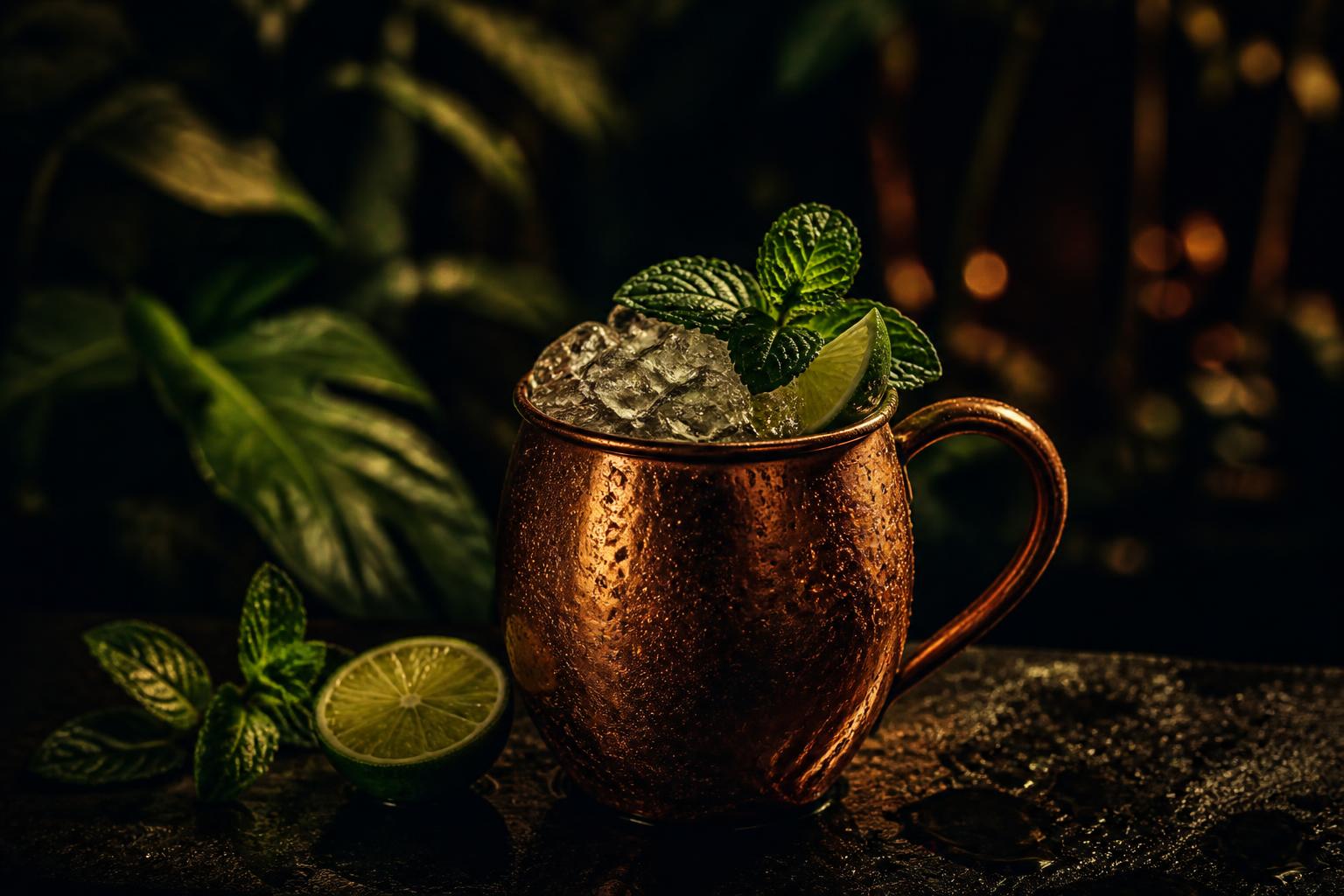 Copper mug serve with crushed ice, lime and mint