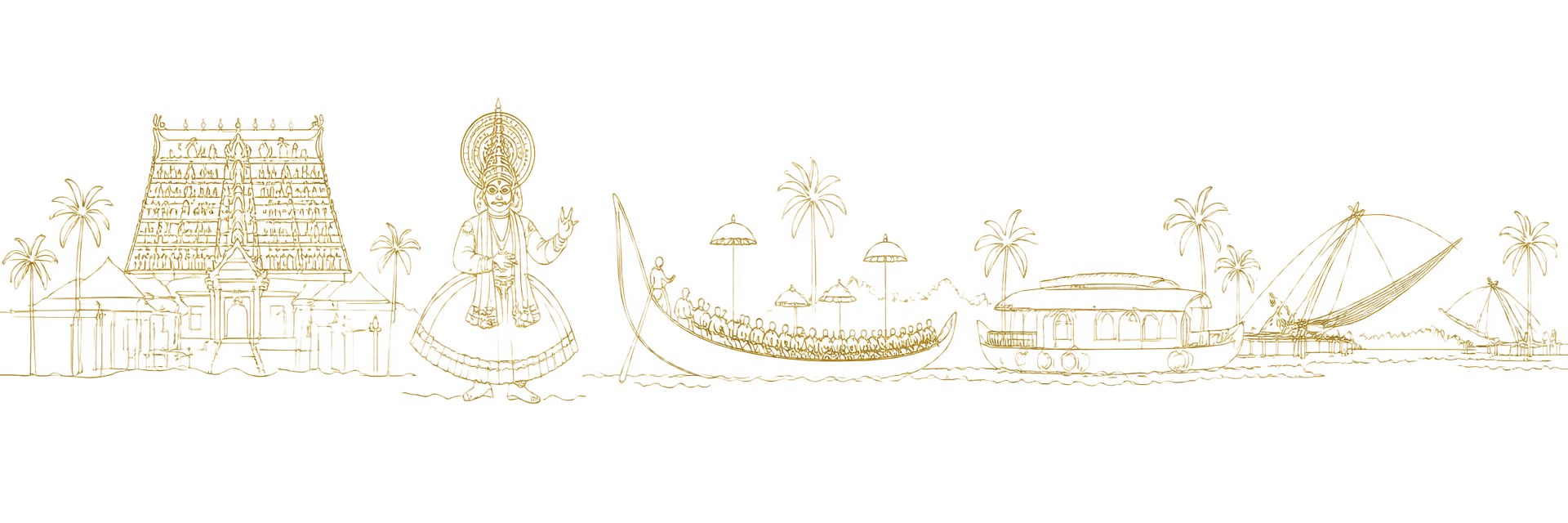 Kerala landmarks — Padmanabhaswamy temple, Kathakali, snake boat, houseboat, Chinese fishing nets